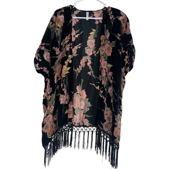 Xhilaration Kimono Velvet Burn Out Size XS/S Dark Floral Fringe Boho Gypsy Fairy - Picture 1 of 6